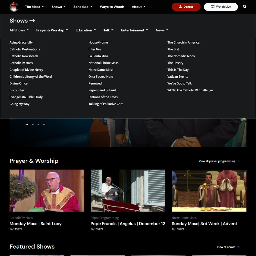 CatholicTV Shows dropdown menu