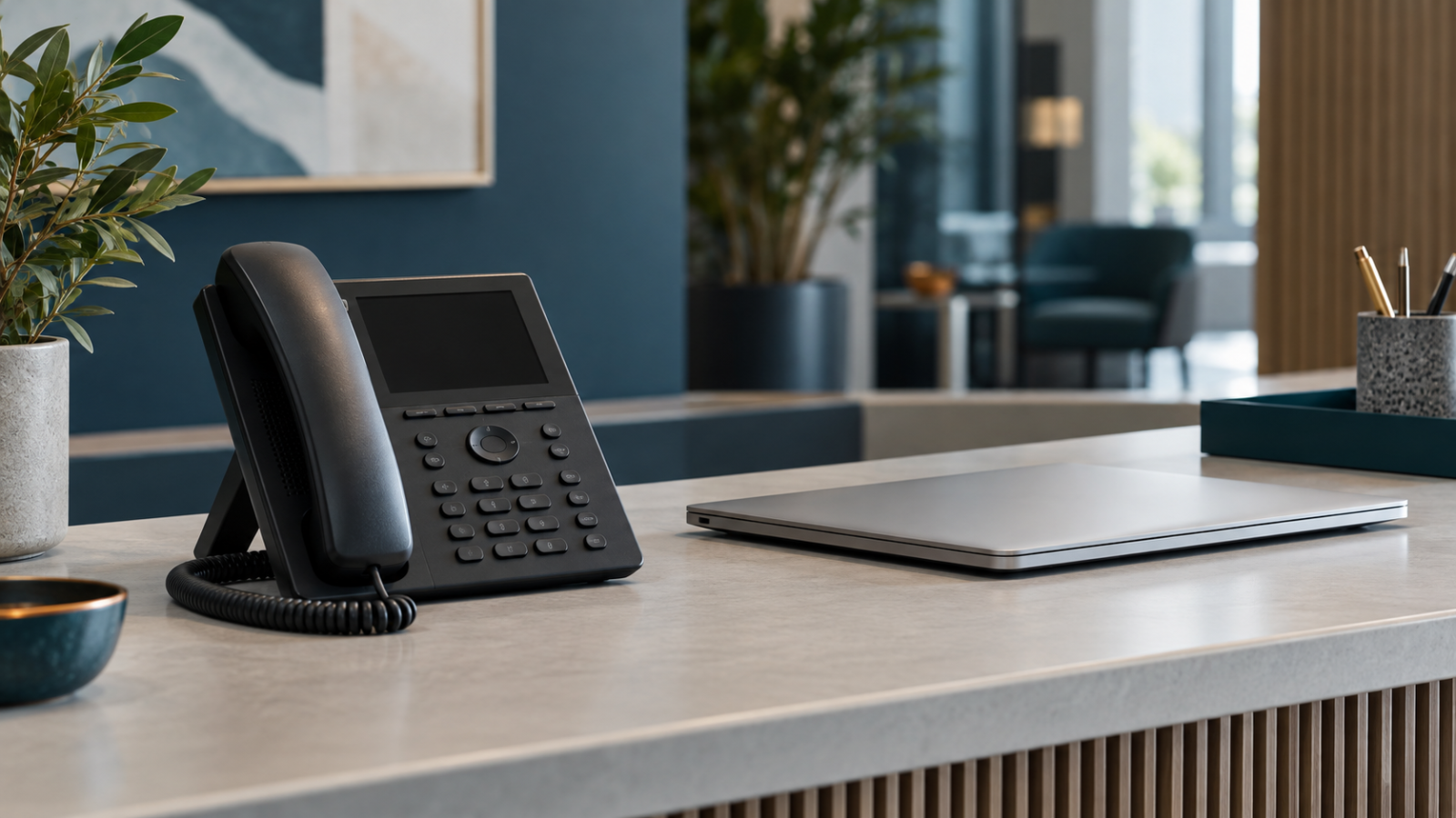 Desk phone next to a closed laptop