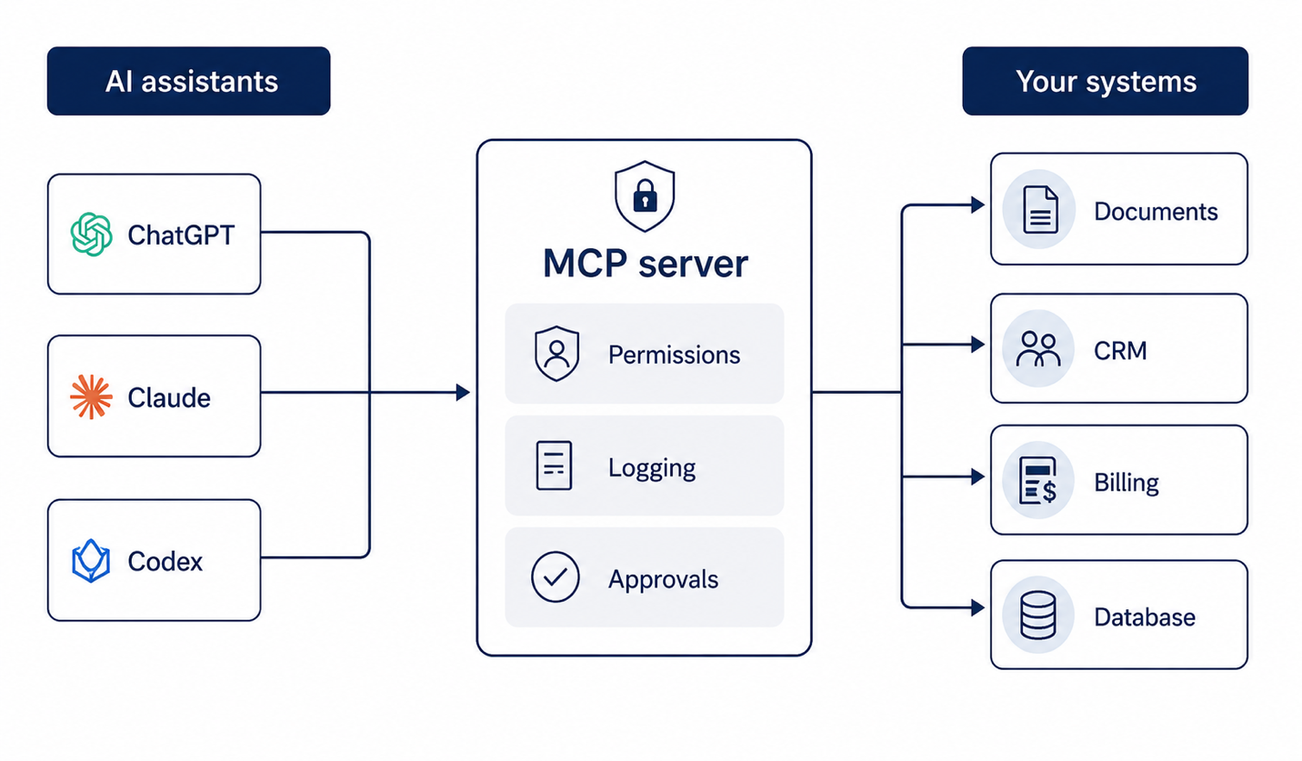 AI assistants such as ChatGPT, Claude, and Codex connect through an MCP server &mdash; which enforces permissions, logging, and approvals &mdash; to your systems including documents, CRM, billing, and databases.