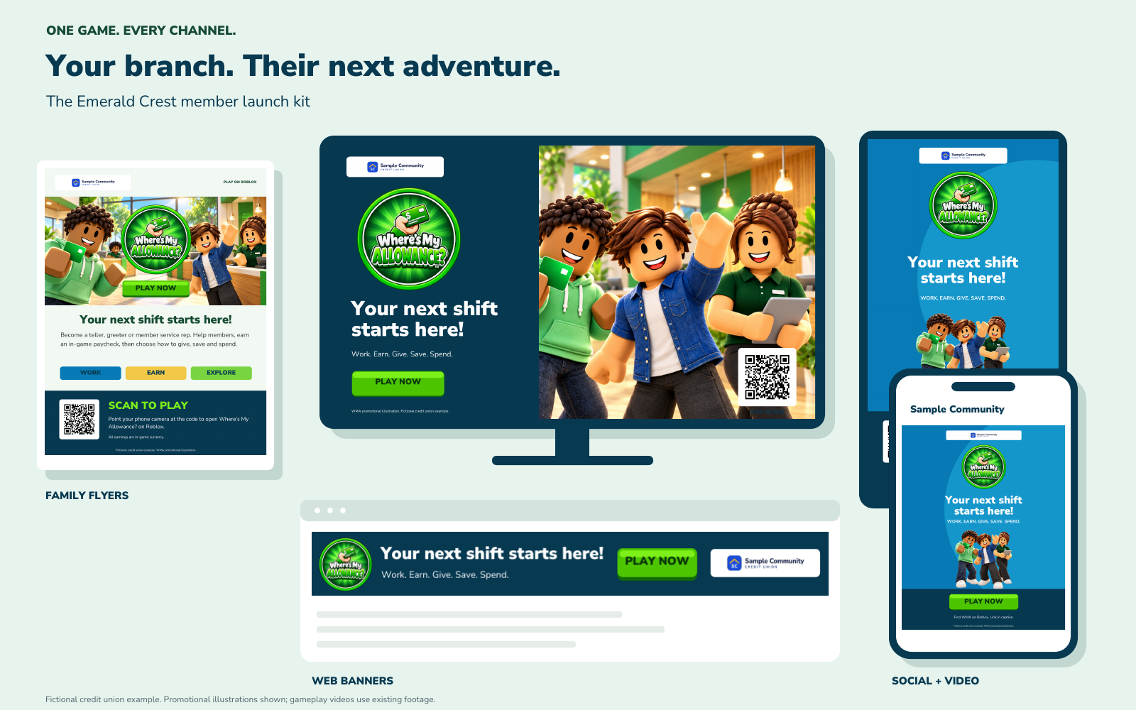 Emerald Crest flyers, lobby screens, web banners and social artwork for fictional Sample Community Credit Union