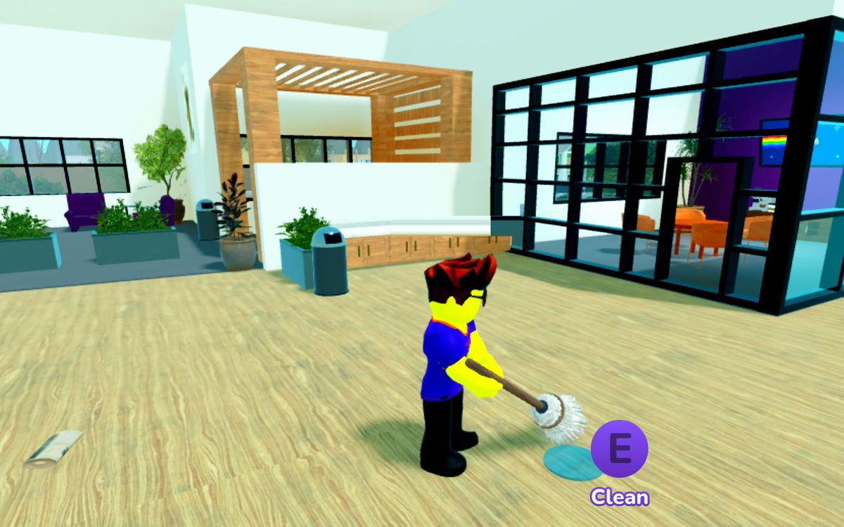 A greeter mops up a spill in the lobby of a credit union branch in Where's My Allowance? on Roblox
