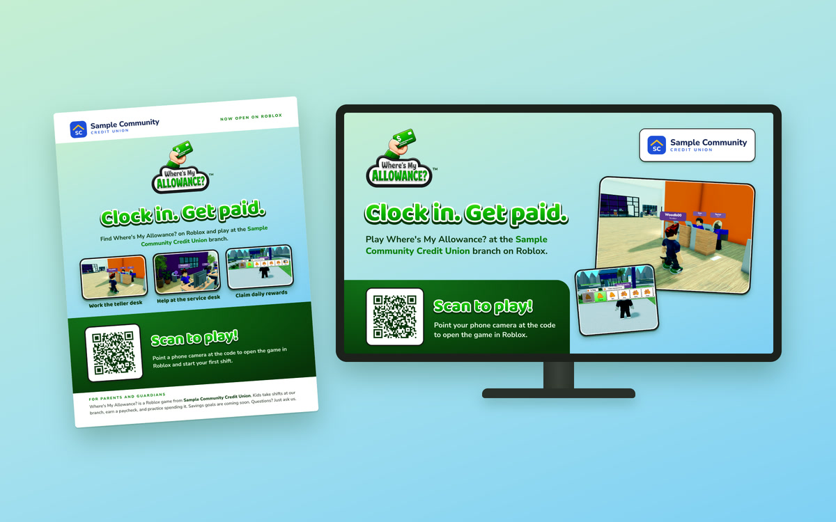 A family flyer and a landscape lobby screen on a TV for a fictional credit union, each with a scan-to-play QR code