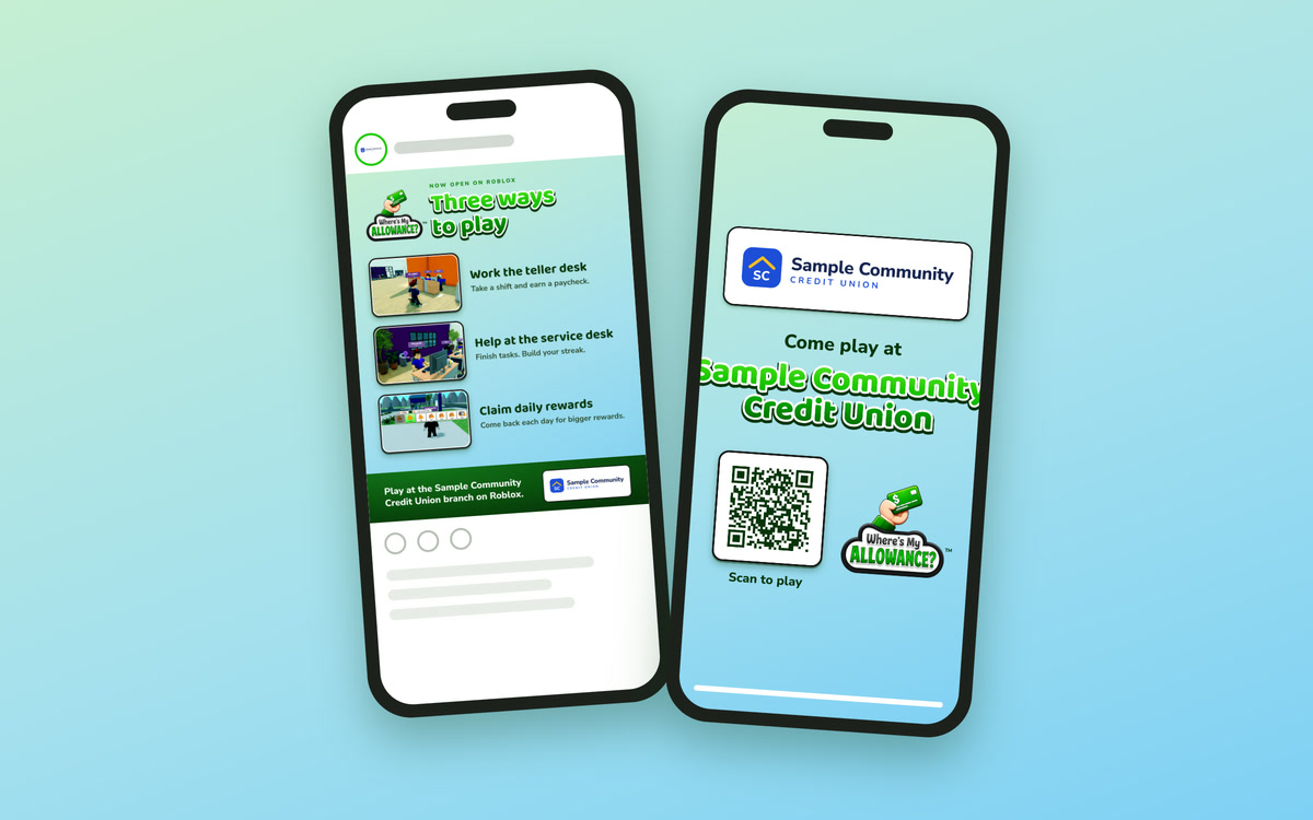 Two phones: one shows a social post for a fictional credit union, the other shows the end card of the gameplay video with a scan-to-play QR code