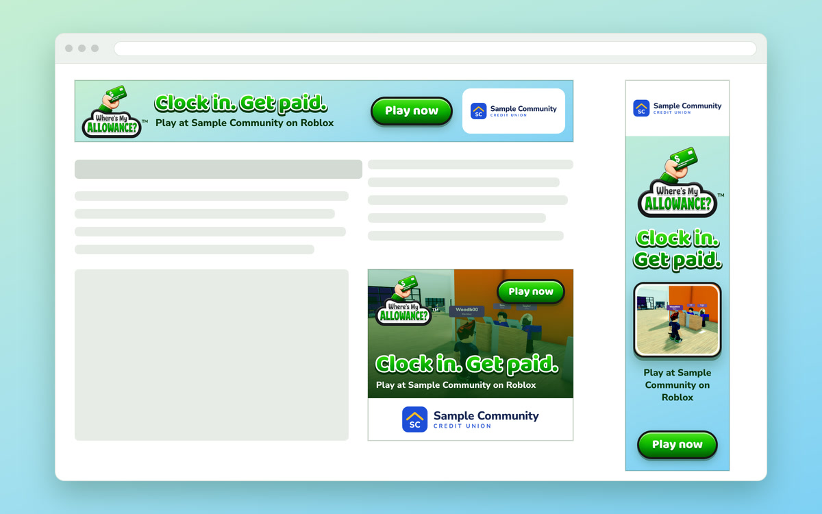 Three web banners for a fictional credit union, a leaderboard, a rectangle, and a skyscraper, placed on a web page in a browser window