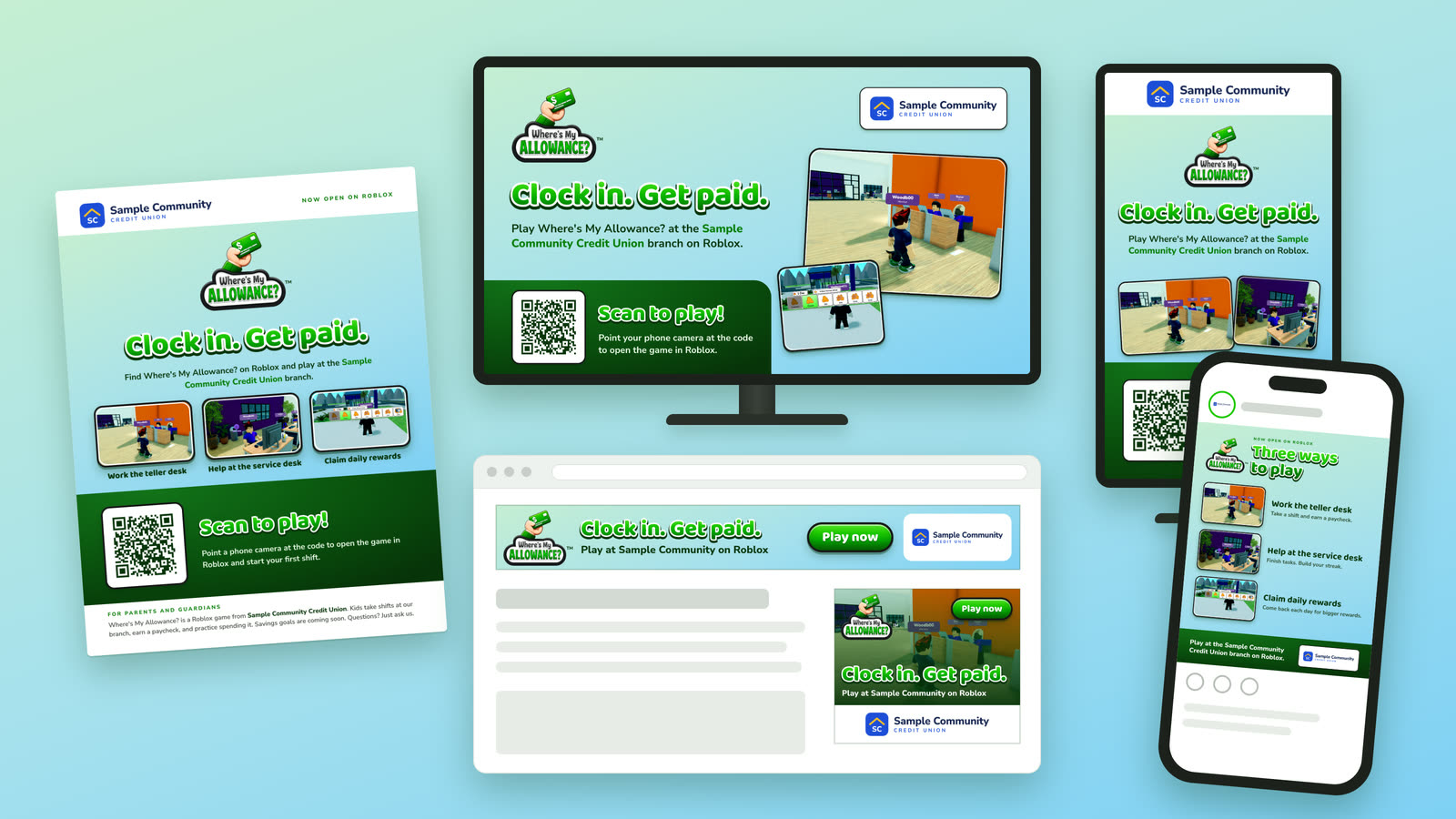 The marketing kit for Sample Community Credit Union, a fictional credit union: a family flyer, a landscape lobby screen on a TV, a portrait lobby screen, web banners in a browser window, and a social post on a phone, each with the credit union's logo