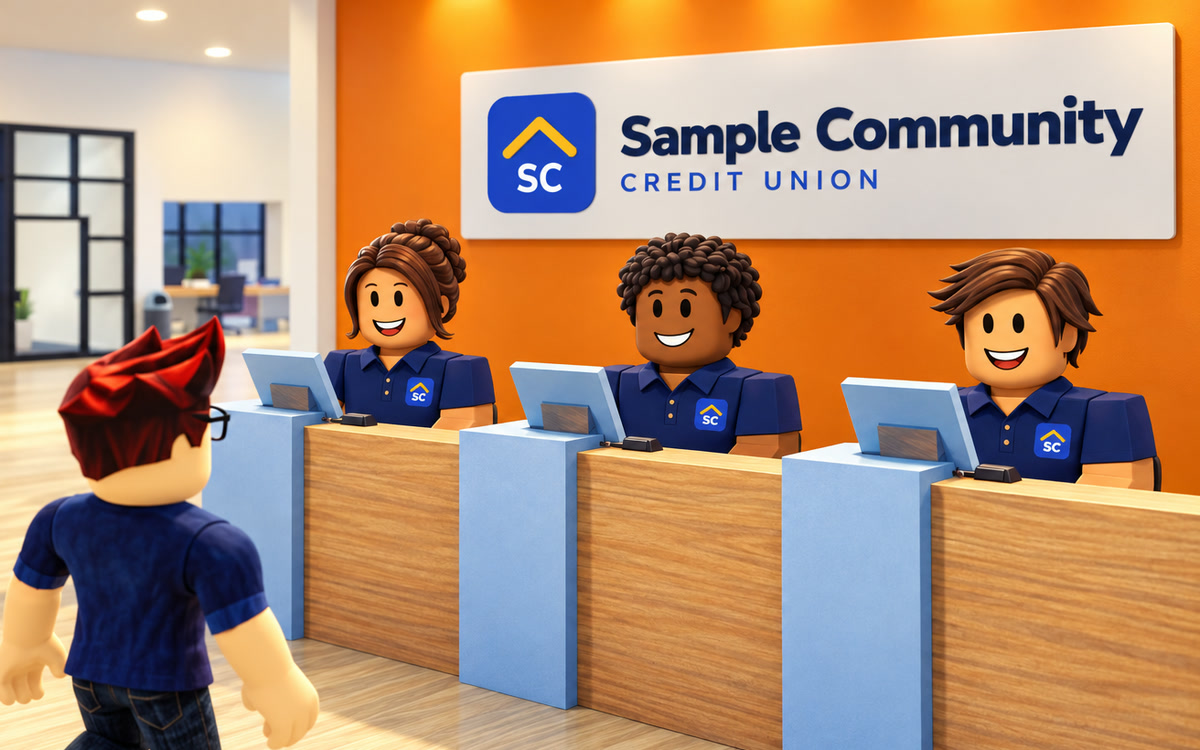 Concept illustration of a Roblox-style branch: a player walks up to a teller line where three smiling tellers in navy polo shirts work below a wall sign for Sample Community Credit Union, a fictional credit union