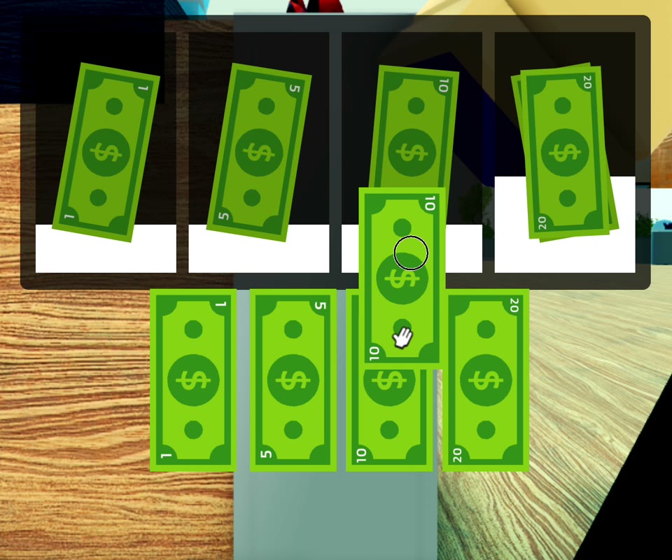 The cash-sorting mini-game in Where's My Allowance?, with a player moving a 10 dollar bill into its slot